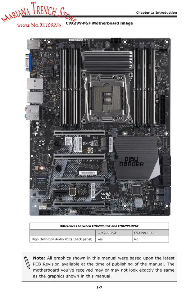 Supermicro 하이엔드 데스크탑 오버클럭 마더보드C9X299-PGF LGA-2066 i7 i9 X 시리즈 프로세서 DDR4-293Hz PCI-E3.0 M.2 U.2