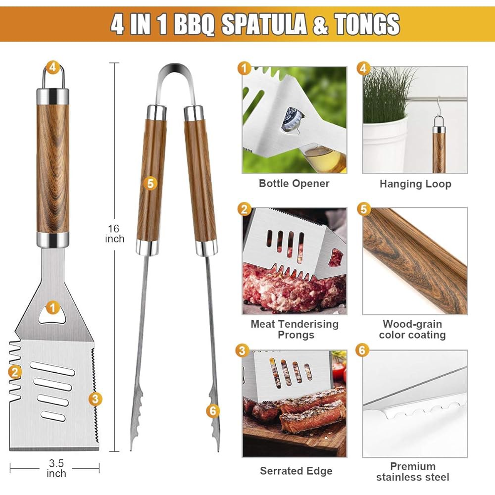 Cifaisi BBQ 그릴 액세서리 세트, 38Pcs 스테인리스 스틸 도구, 알루미늄 케이스 포함 액세서리, 온도계, 캠핑용 매트 / 백야드 바비큐, 남성 여성용 세트 - 상세 이미지 3