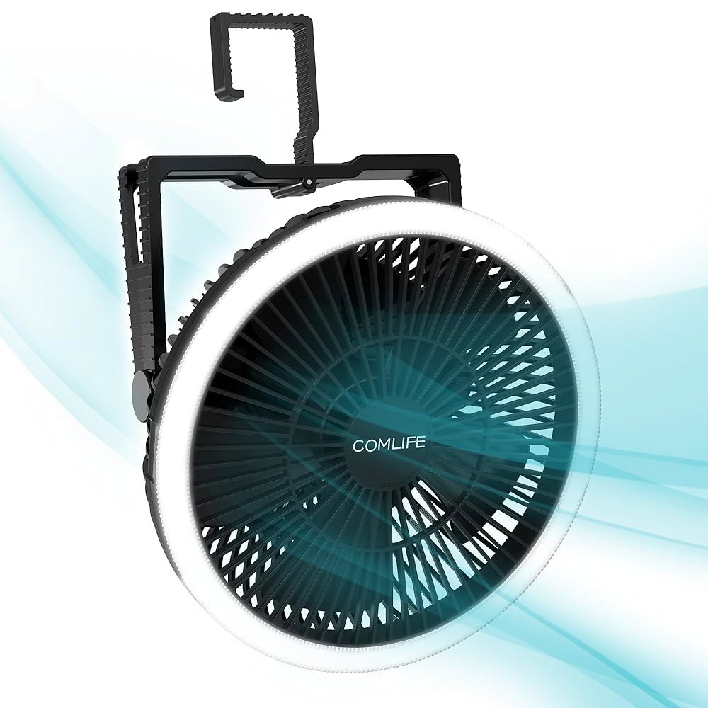 LED 랜턴이 장착된 휴대용 캠핑 선풍기, 24시간 충전식 텐트 강력한 3단 180 회전 고리, 야외 RV 여행용 조용한 허리케인 비상 정전 8 inch - 상품 이미지