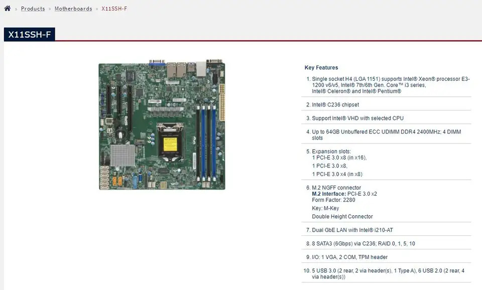 슈퍼마이크로 마더보드X11SSH-F LGA1151 E3-1200 v6/v5 프로세서 7 세대 6 코어 i3 시리즈 M.2 GbE LAN i210-AT 포함