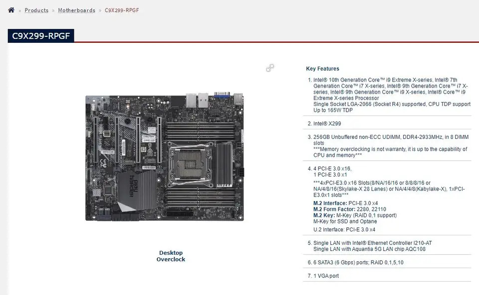 Supermicro 하이엔드 데스크탑 오버클럭 마더보드C9X299-RPGF LGA-2066 i7 i9 X 시리즈 프로세서 비 ECC DDR4 PCI-E3.0 M.2