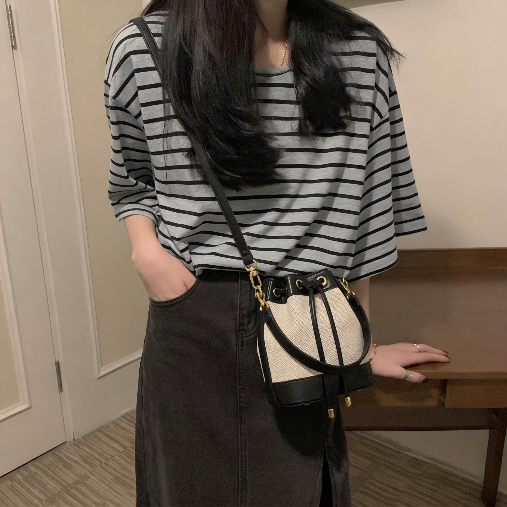 제이바바 캔버스 버킷백 미니 여성 복조리백 스몰 복주머니 가방 이미지 4