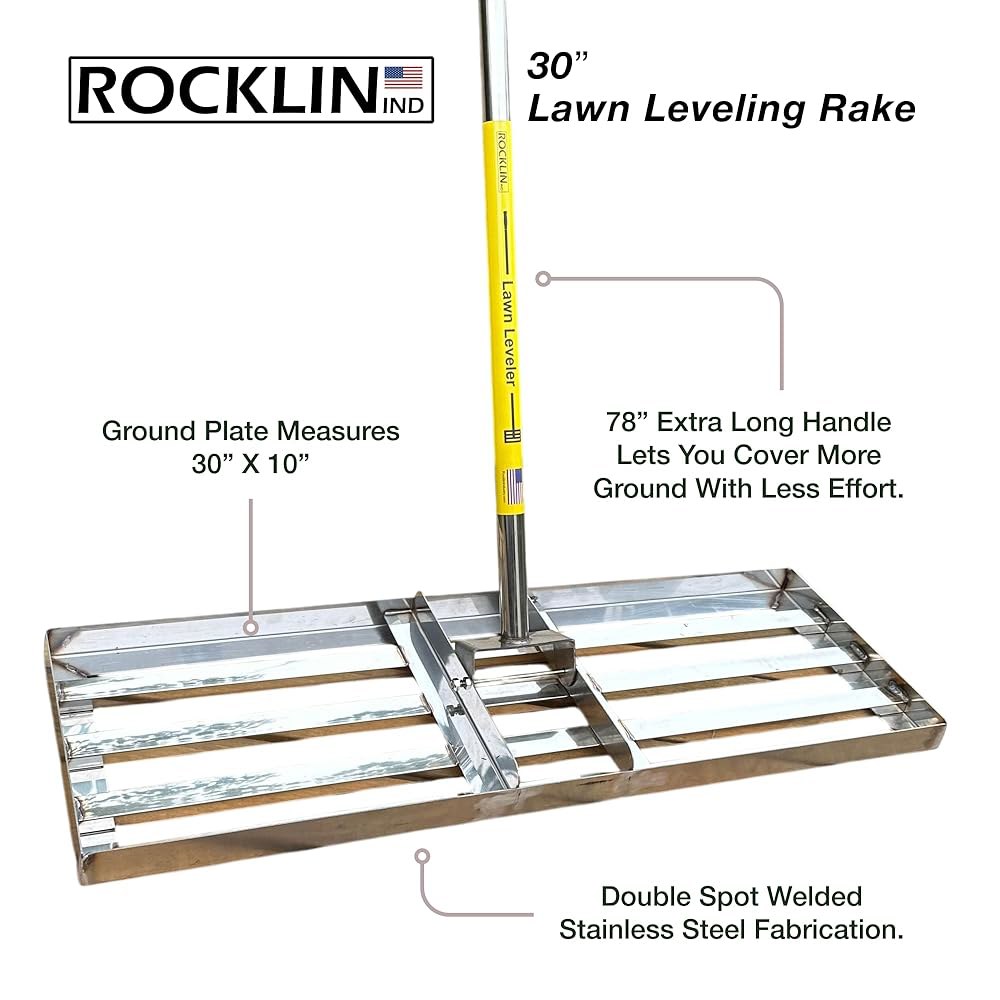 Rocklin 잔디 평준화 갈퀴 | 스테인리스 스틸 표면 도구 흙이나 흙 바닥 표면을 쉽게 30 u201D x 10 접지판 78 엑스트라 롱 핸들 22 Inches - 상세 이미지 2