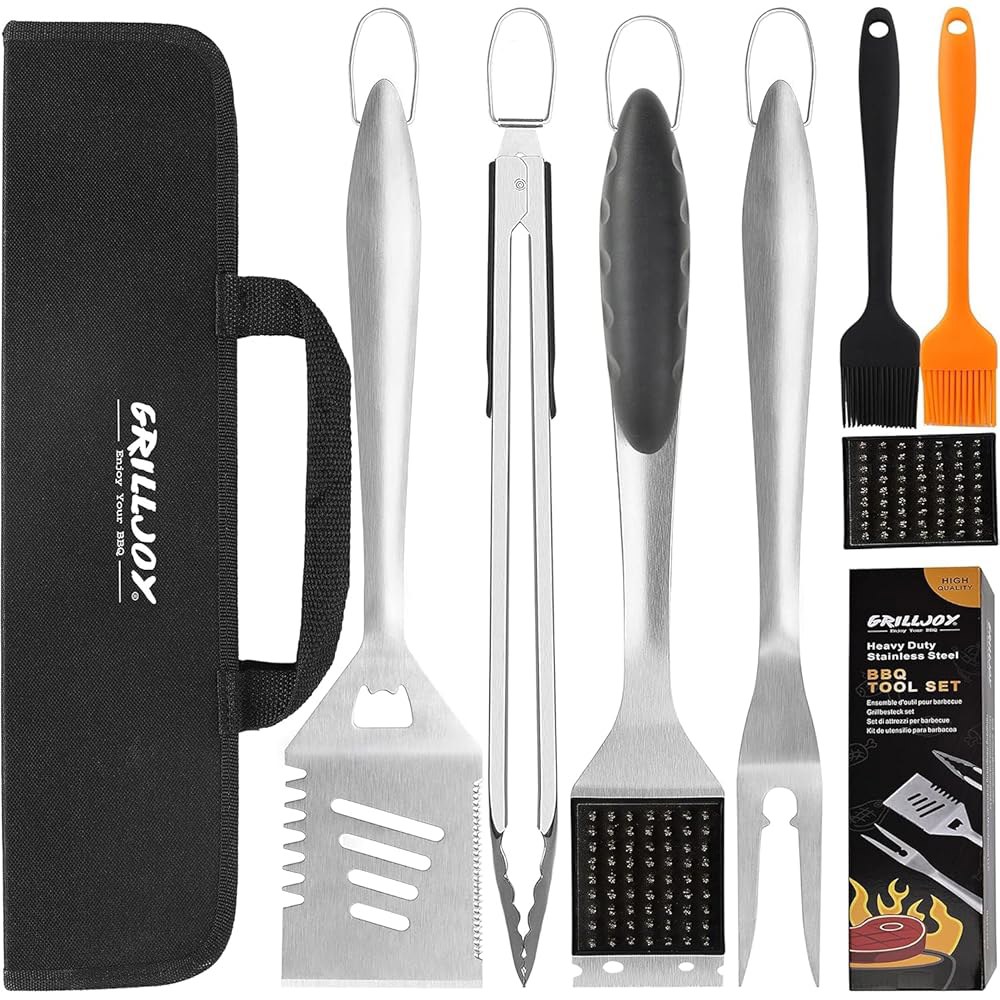 그릴조이 8PCS 바비큐 그릴 도구 세트, 두꺼운 스테인리스 스틸 주걱, 포크, 집게 및 청소 브러시 - 휴대용 가방이 포함된 완벽한 액세서리 키트 남성용 블랙을 위한 선물 - 상품 이미지