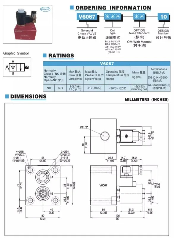V6067 플매트 카펫 러그전자기 체크밸브 압력 유지 밸브