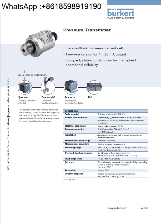 Burkert 압력센서 8316 563777 /8/9 563780 /1/2/3/4 564466 /7/8