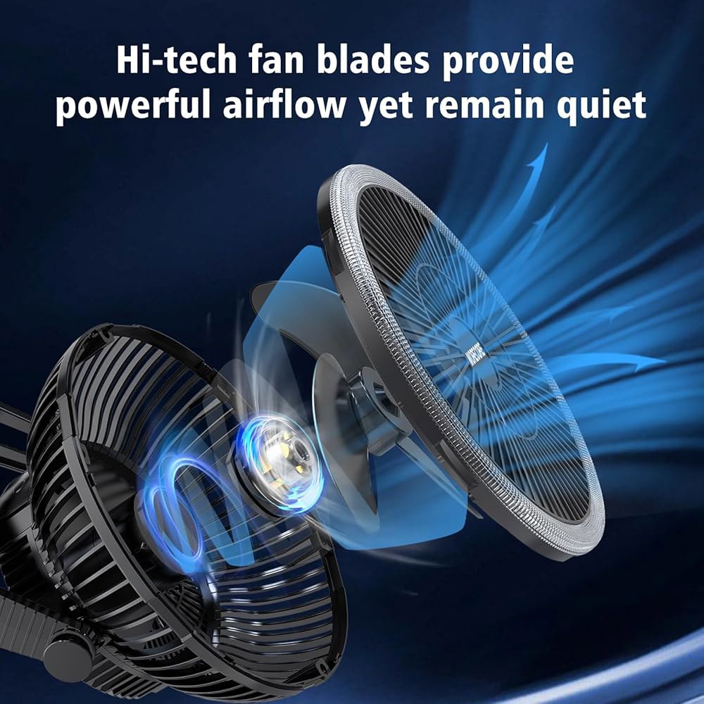 LED 랜턴이 장착된 MORECORE 휴대용 캠핑 팬, 8인치 충전식 텐트 후크로 180 회전하는 강력한 3단 속도, 야외 RV 여행용 낚시 허리케인 긴급 정전 발생 시 조용함 - 상세 이미지 2