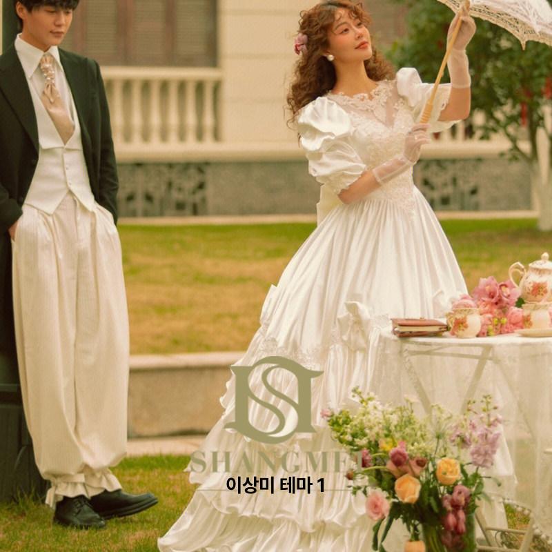 복고 드레스 반팔 옛날 웨딩 스냅 스튜디오 셀프 화보 피로연 의상 빅사이즈 사진 가족 - 상세 이미지 3