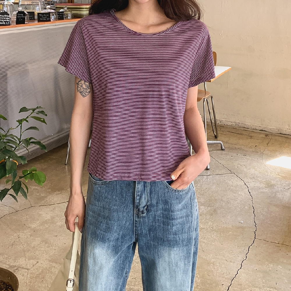 여름 반팔티 크롭티 스트라이프티셔츠 라운드 기본 반팔 티셔츠 - 상품 이미지