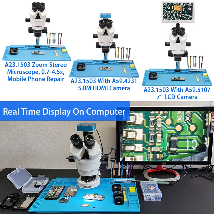 OPTO-EDU A23.1503 줌 스테레오 현미경 lcd를 복구하는 스마트 폰