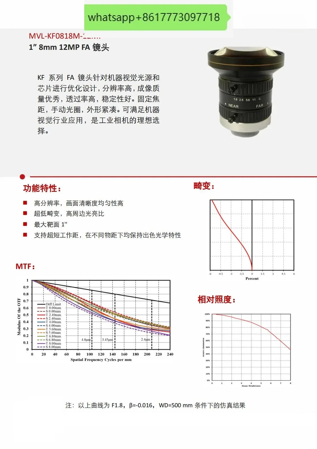 산업렌즈 MVL-KF0818M-12MP 1200만 8mm F1.8 1C 인터페이스 렌즈