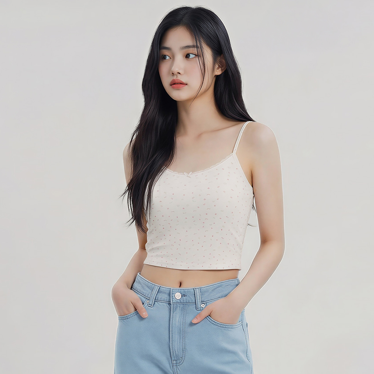 힙핑크 모닝플라워 코튼 볼륨캡 크롭 끈 나시탑 (일체형패드) - 상품 이미지