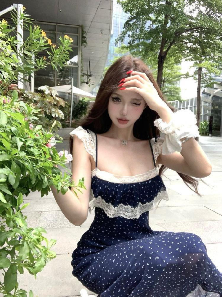 여성 탑 여름 슬리브리스 실크 이너 끈나시 슬립 나시 티셔츠 골지 민소매 레이어드 레이스 다크 블루 S - 상세 이미지 3