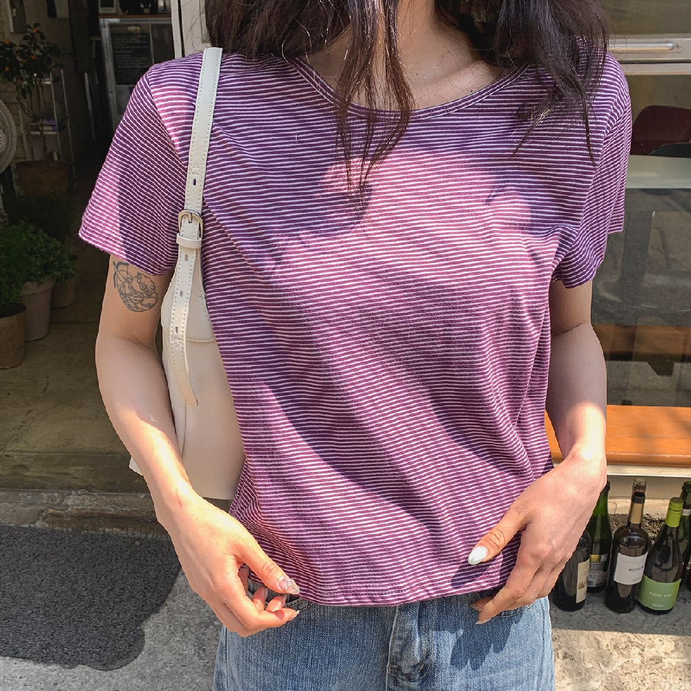 여름 반팔티 크롭티 스트라이프티셔츠 라운드 기본 반팔 티셔츠 - 상세 이미지 5