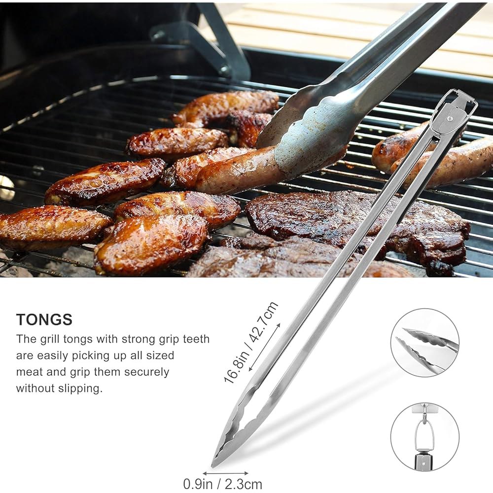 그릴조이 8PCS 헤비 듀티 바비큐 그릴 도구 세트, 두꺼운 스테인리스 주걱, 포크, 집게 및 청소 브러시 - 휴대용 가방이 포함된 완벽한 액세서리 키트 남성을 위한 선물 - 상세 이미지 3
