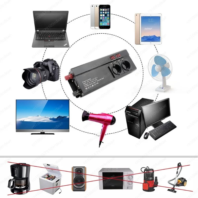 RV 휴대폰 자동차전력 인버터 DC 12V 24V-AC 220V 230V 변압기 4 USB EU 소켓 충전 LED 디스플레이 2000W 2600W