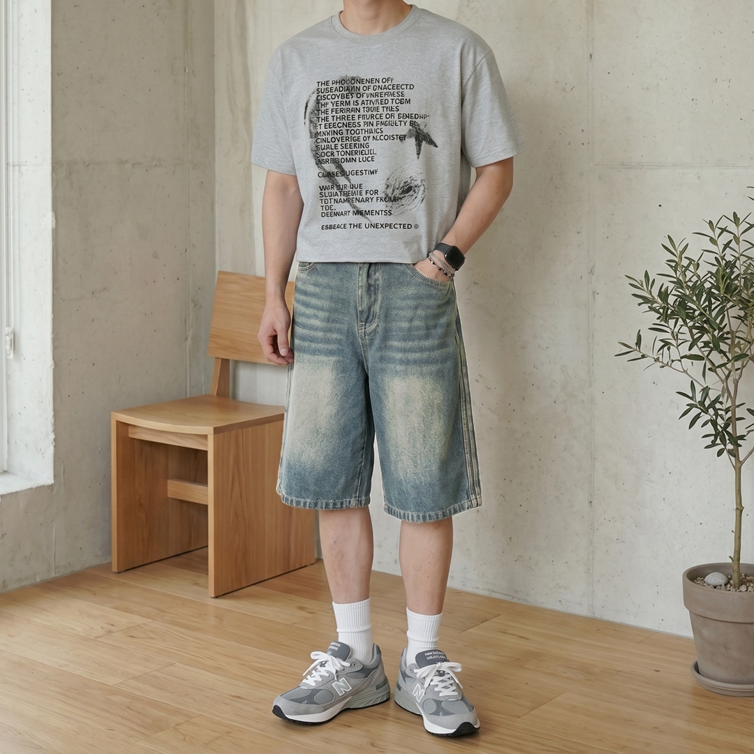 1+1 남자 버뮤다팬츠 트랙 라인 밴딩 와이드 데님 반바지 이미지 7