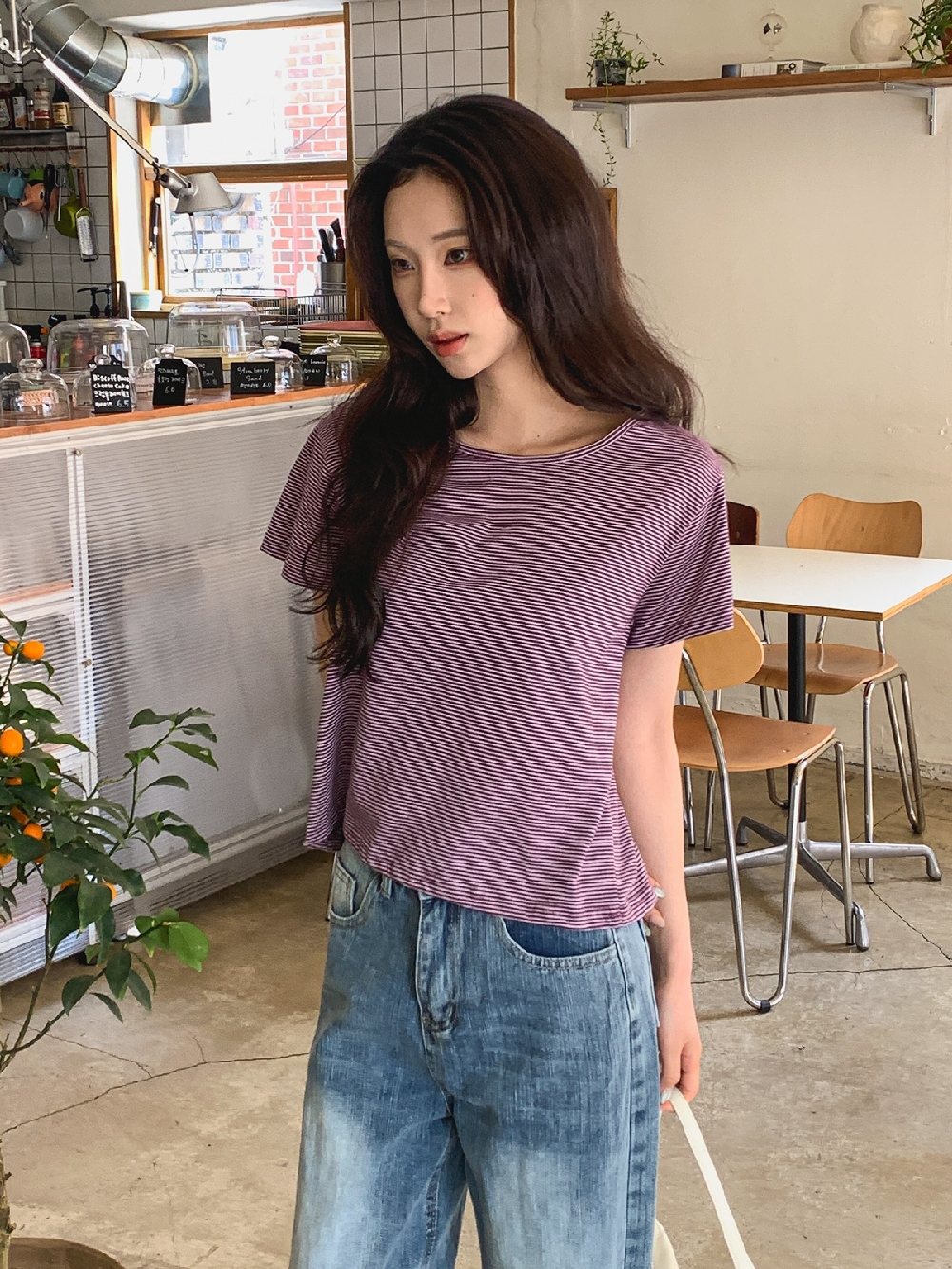 여름 반팔티 크롭티 스트라이프티셔츠 라운드 기본 반팔 티셔츠 - 상세 이미지 4