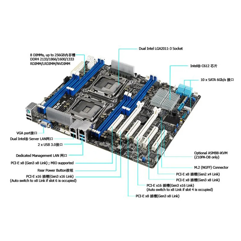 A-S-U-S Z10PA-D8 C612 소켓 LGA 2011-3 V3 V4 DDR4 X99 X99M양방향 서버 마더보드