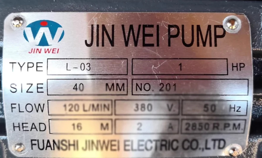JIN WEI 펌프 L-02 0.5hp호환 32MM L-03 1hp호환 40MM L-04 2hp호환 50MM L-05 3hp호환 65MM L-07 5hp호환 80MM L-09 7