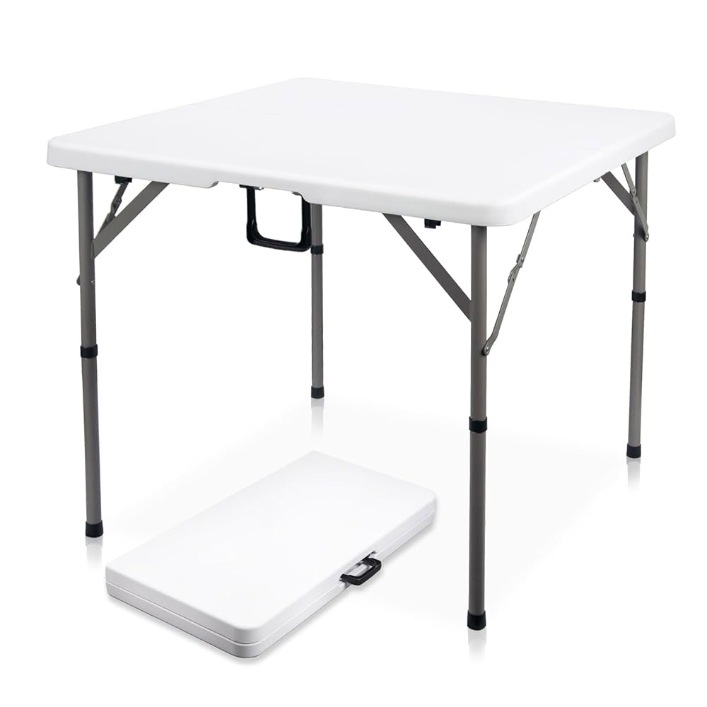 바이러블리블 34인치 정사각형 접이식 카드 테이블, 다용도 식탁, 무거운 손잡이 HDPE 흰색 플라스틱 접이식, 휴대용 손잡이가 있는 야외 피크닉, 캠핑, 파티용 - 상품 이미지