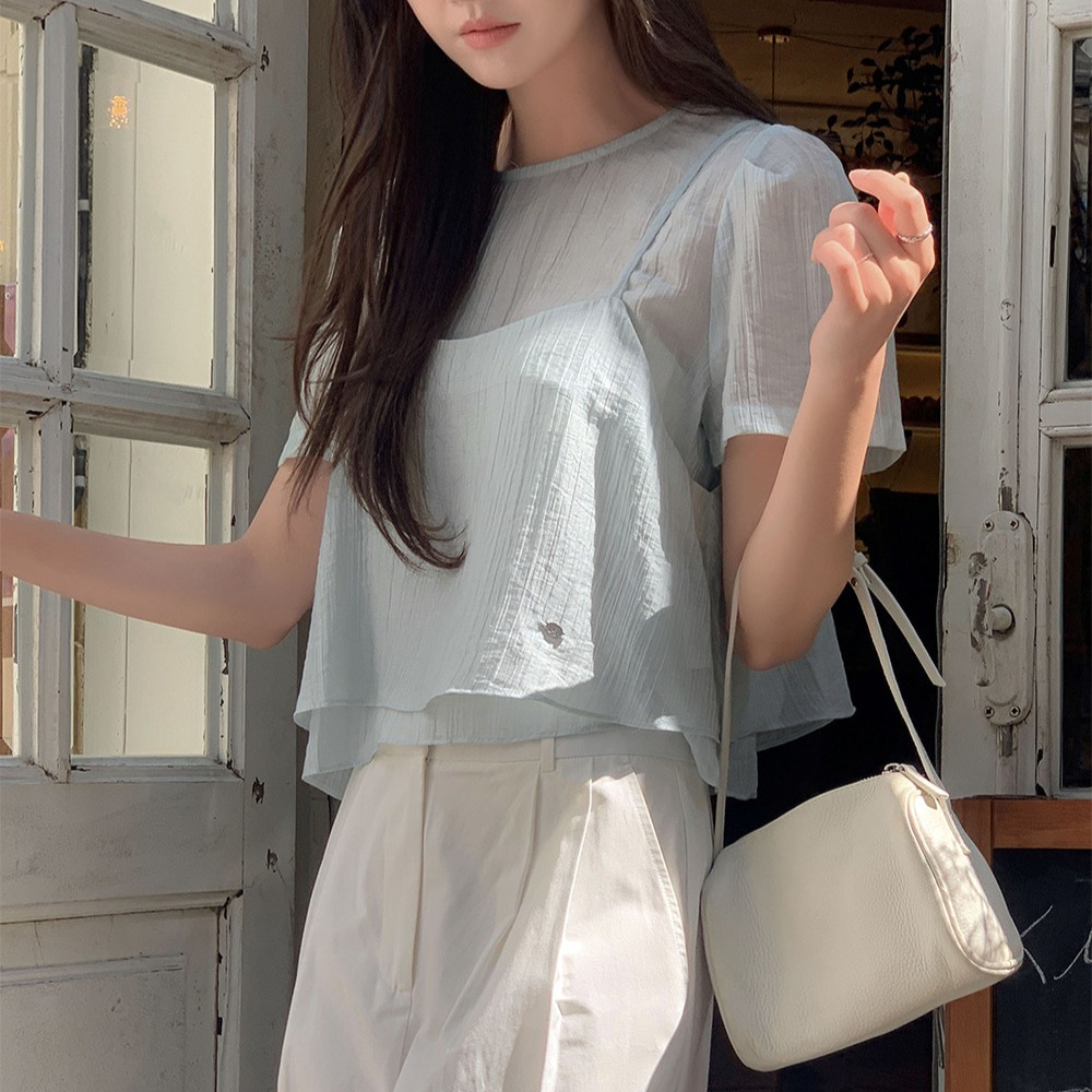 텐셀 레이어드 퍼프소매 뷔스티에 세미크롭 블라우스 세트 - 상품 이미지