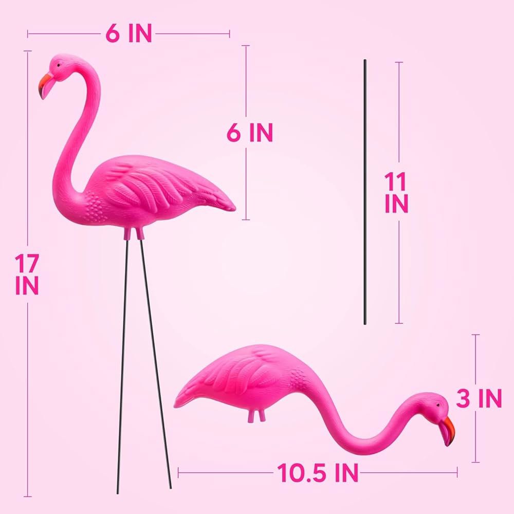 JOYIN 작은 분홍색 플라밍고 마당 장식 말뚝 6개 세트, 보도용 금속 다리가 달린 17인치 플라스틱 잔디 조각상, 야외 정원 장식, 루앤풀 파티 2가지 스타일 2 - 상세 이미지 2
