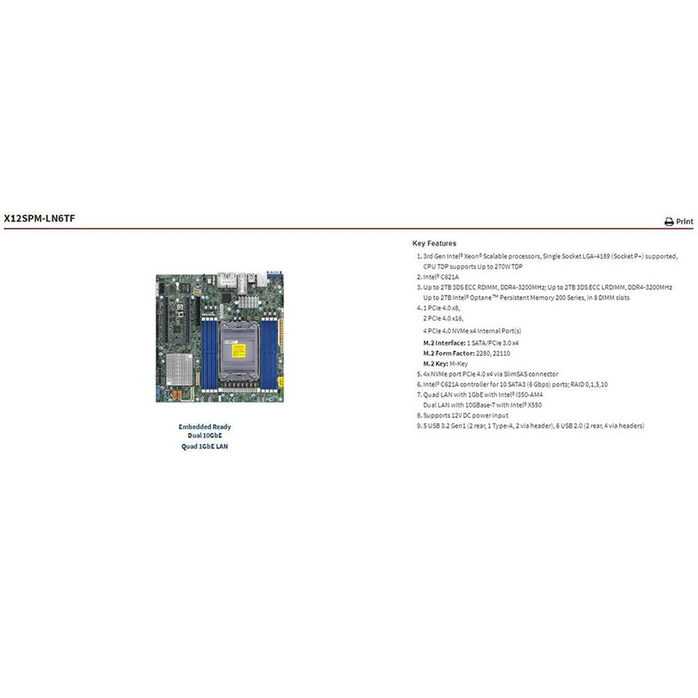 Supermicro X12SPM-LN6TF임베디드/loT 마더보드 소켓 LGA-4189 대 Xeon 확장 프로세서
