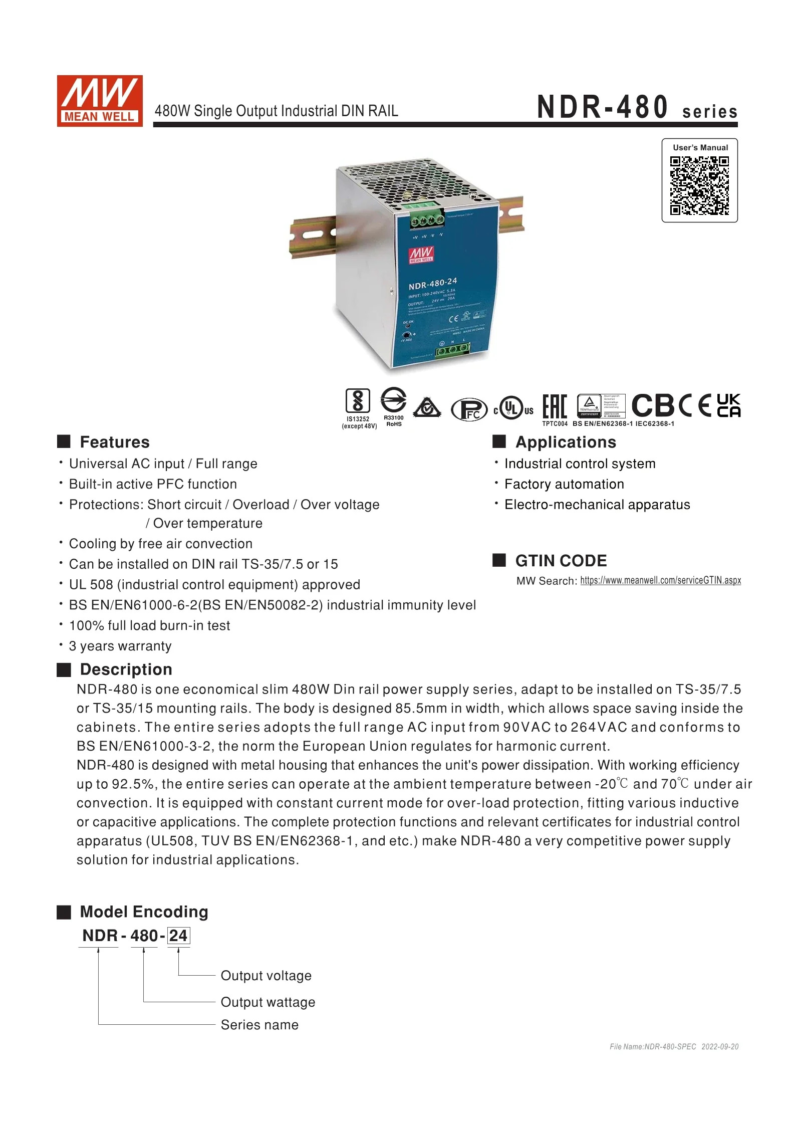 MEAN WELL NDR-480 NDR-480-24 NDR-480-48 480W 산업DIN 레일 단일 출력