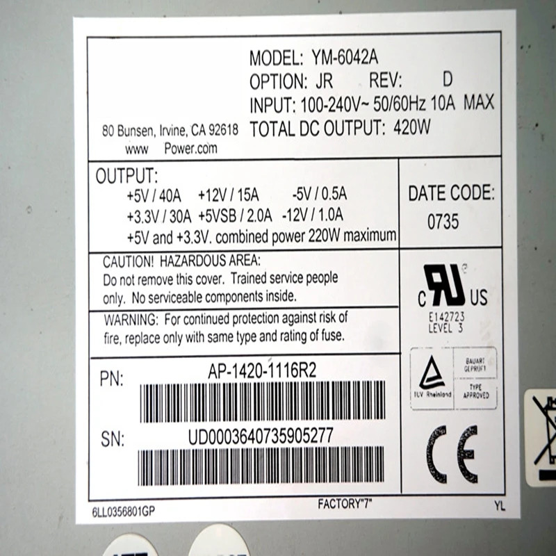전원공급장치 YM-6042A 3Y -5V 20 핀 420W PSU 신