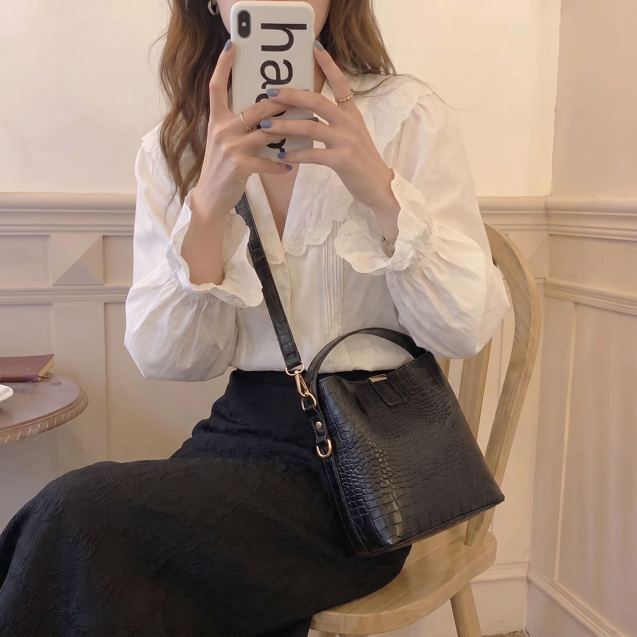 제이바바 버킷백 토트 크로스백 크로커 패턴 블랙 데일리 가방 이미지 6
