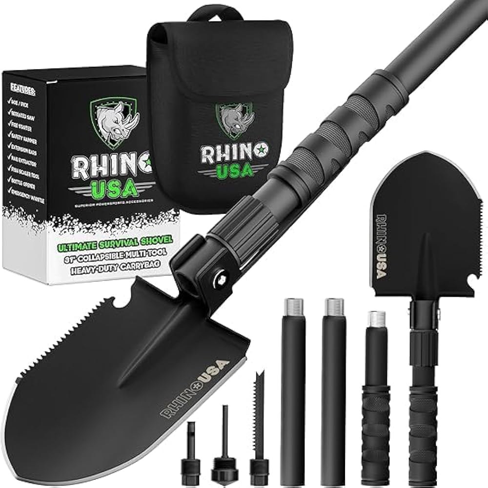 Rhino USA 생존 삽 w /Pick - 오프로드, 캠핑, 정원 가꾸기, 해변, 흙, 모래, 진흙, 눈 파기를 위한 고강도 탄소강 군사용 고정 도구. (생존 삽) - 상품 이미지