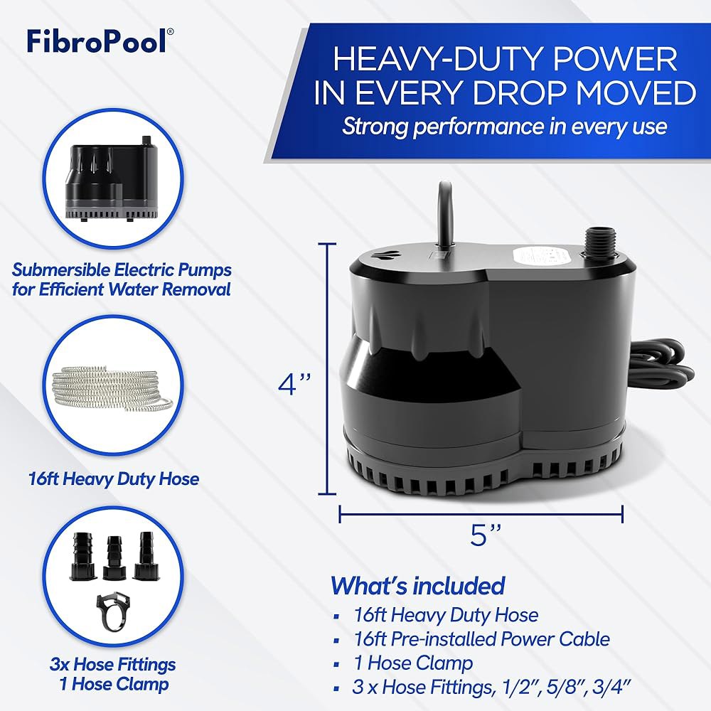 FibroPool 75W 잠수정 수영장 커버 펌프 u2013 10 GPM, 16피트 호스 포함 120V 전기 지상 및 지하 수영장, 스파 연못 ABS 플라스틱 - 상세 이미지 2