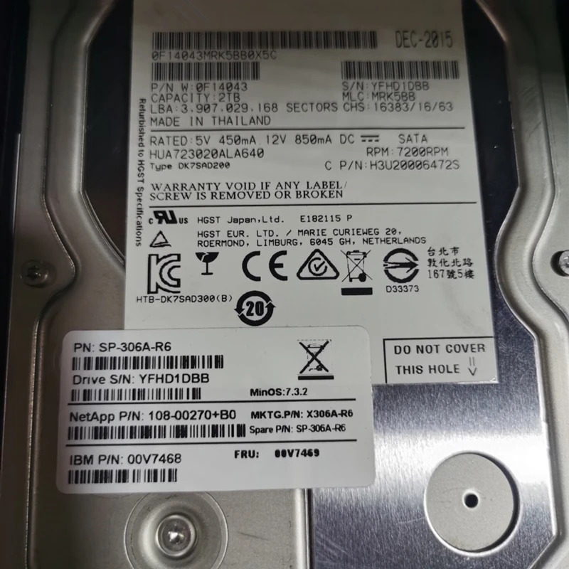 NetApp오리지널 HDD X306A-R6 SP-X306A-R6 서버 내장 NetApp 2TB 3.5 인치 SATA 6 Gb/s 128MB 7200RPM