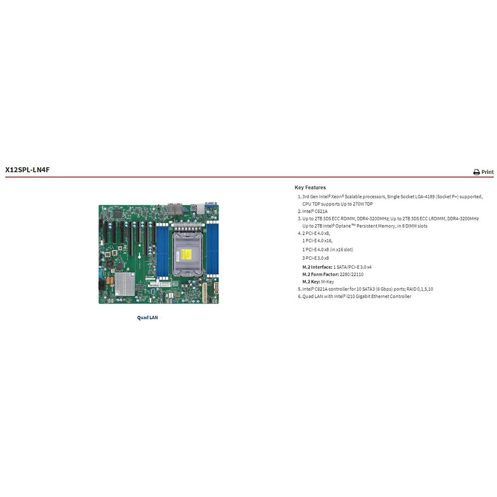 Supermicro 서버 마더보드 LGA-4189 DDR4 M.2 SATA3 Xeon 확장 프로세서X12SPL-LN4F0