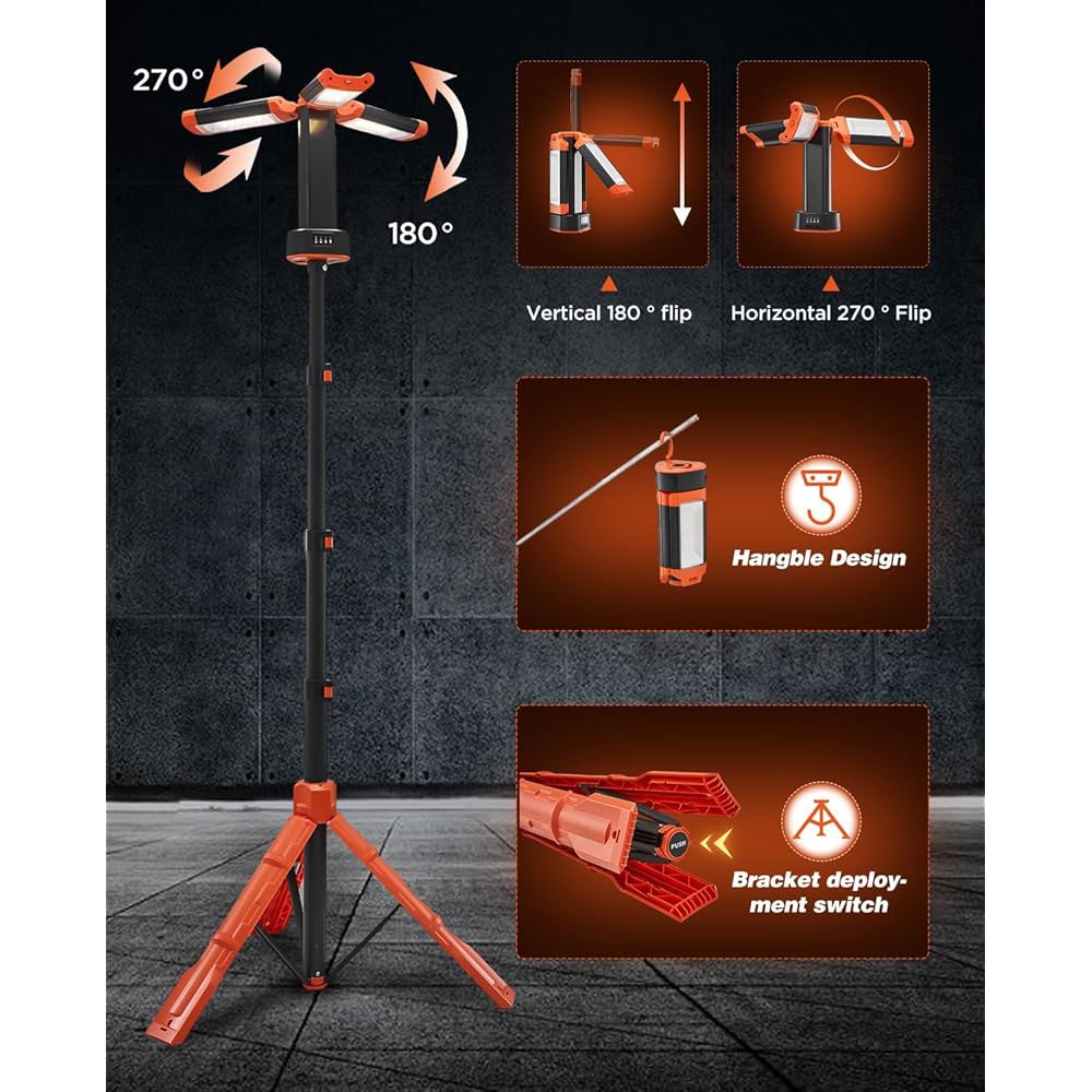 스탠드 12000mAh 73.2인치 충전식 작업용 세이커 휴대용 캠핑 라이트 3200루멘 캠프 랜턴, 차고, 야외 가방, 비상 정전, 낚시 LD10 오렌지 LD10-12000mAh - 상세 이미지 3