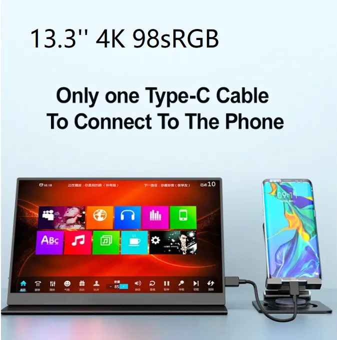 휴대모니터 HDMI C 타입 확장 화면 디스플레이 X-박스 스위치 휴대폰 노트북 PS5 4 4K 3200x1800 13.3 인치