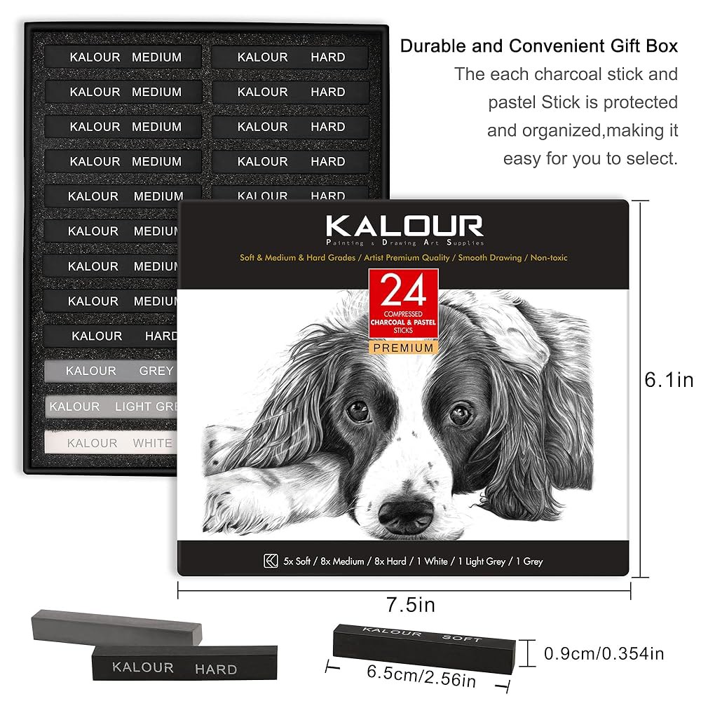 KALOUR 24 프로 드로잉 세트 - 부드러운, 중간, 단단한 및 흰색 스케치 쉐이딩을 위한 스틱 예술가 초보 성인을 미술 용품 선물 - 상세 이미지 3