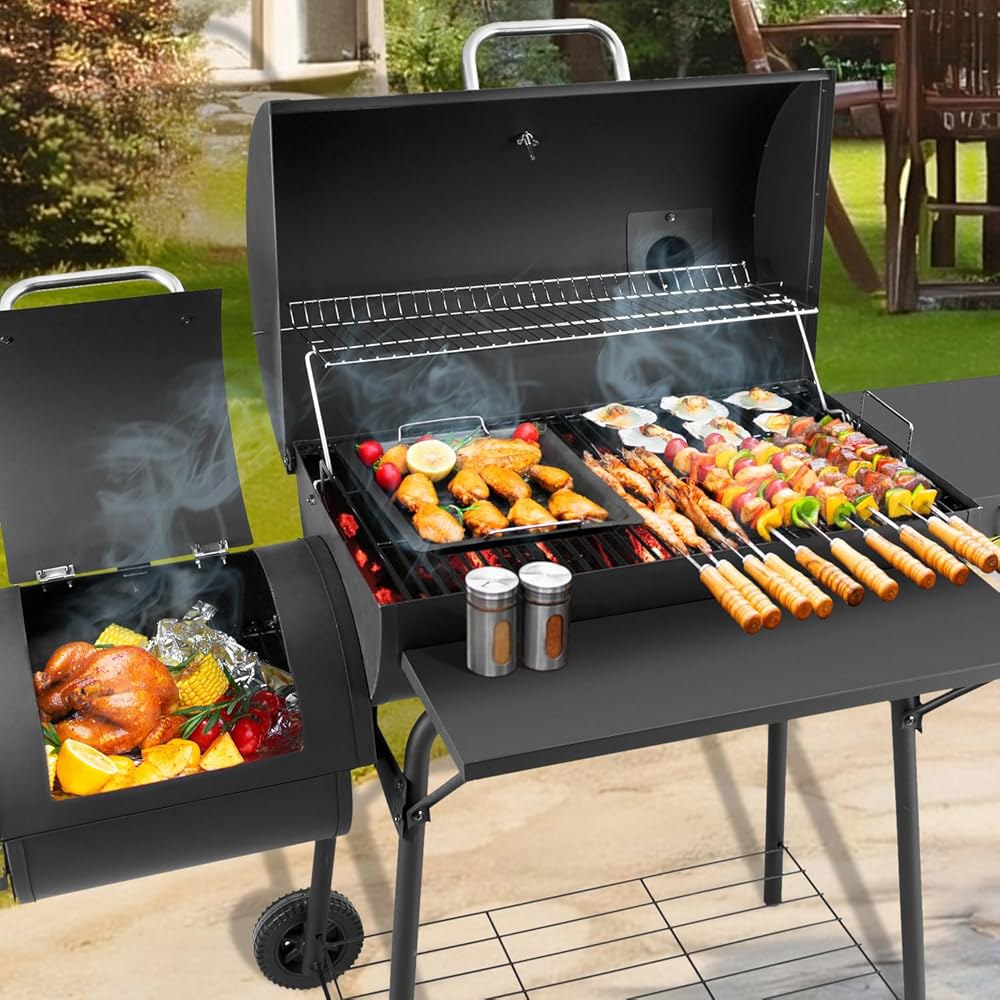 오프셋 스모커가 있는 숯불 그릴, 사이드 테이블이 BBQ 714 평방 인치의 야외 요리, 뒷마당 캠핑 피크닉, 파티오 및 파티, 블랙 바이 DNKMOR Regular size - 상세 이미지 2