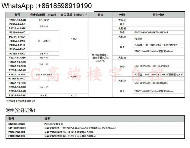 차압 스위치 P233A-4-AKC P233A-10-AKC 50-AAC 풍압 컨트롤러