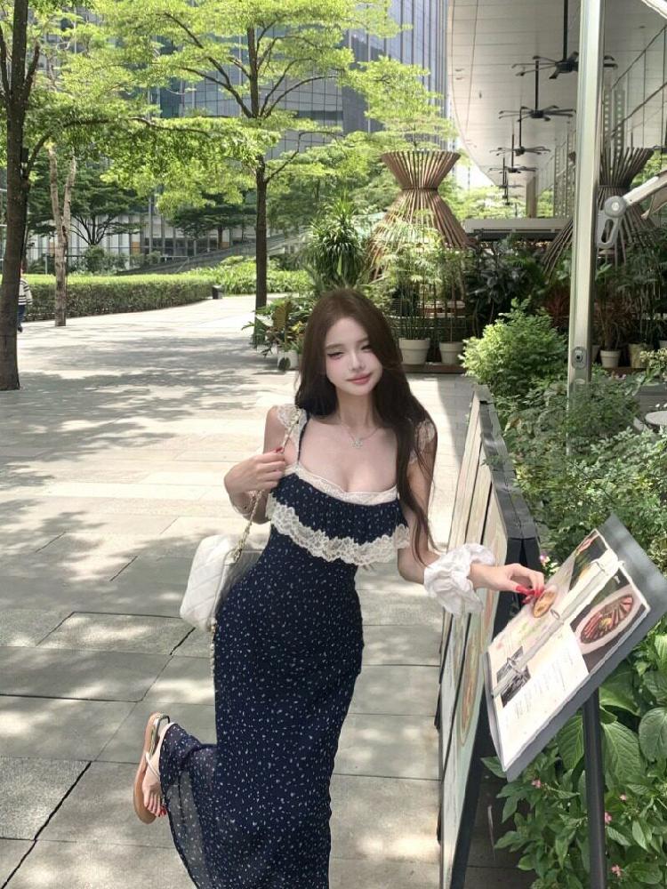 여성 탑 여름 슬리브리스 실크 이너 끈나시 슬립 나시 티셔츠 골지 민소매 레이어드 레이스 다크 블루 S - 상세 이미지 2