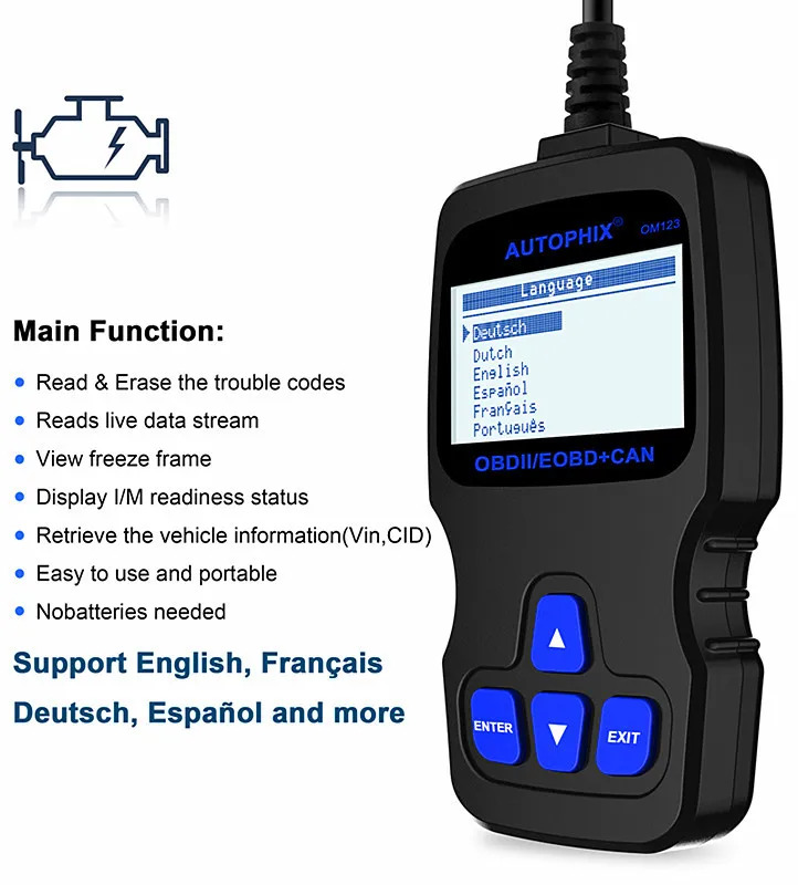 AUTOPHIX OM123 OBD2 EOBD CAN 엔진 결함 탐지기 om123 자동차 진단
