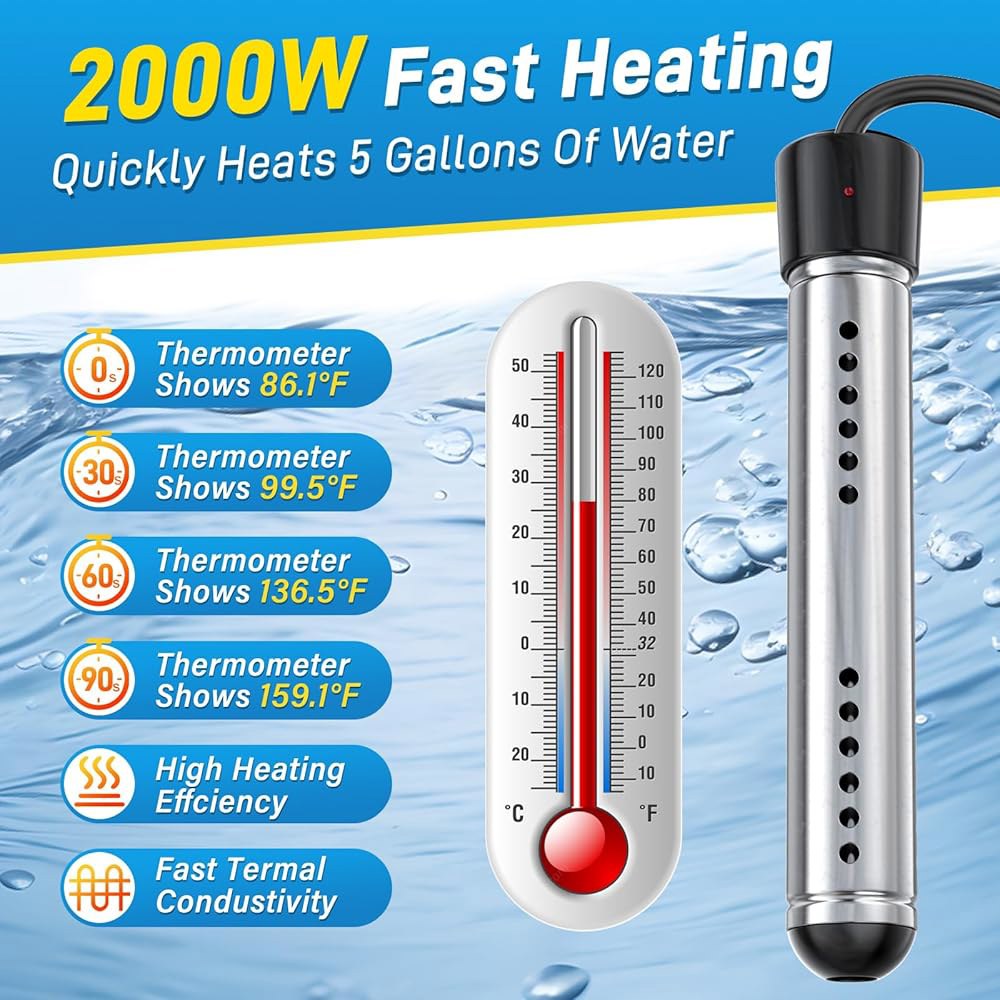 2000W 침지 온수기, 휴대용 온수기 전기, 실시간 LCD 온도계 제어 기능, 304 SS 가드로 버킷, 욕조, 작은 수영장을 위해 5갤런의 물을 몇 분 만에 빠르게 가열합니다 - 상세 이미지 2