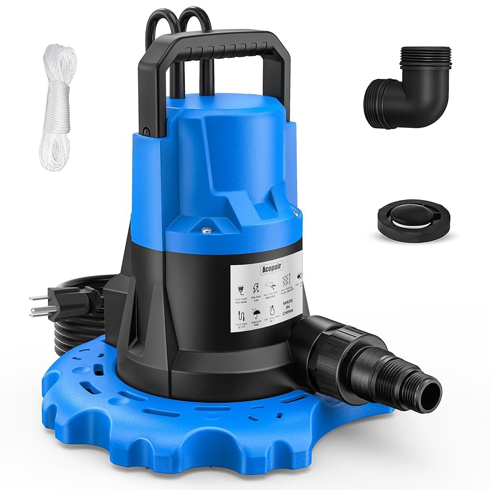 Acopair 1.5 자동 풀 커버 펌프 5000 GPH - 수영장, 온수 욕조, 옥상, 워터 베드 등을 위한 26피트 전원 코드와 3/4 u201D 체크 밸브가 장착된 잠수식 - 상품 이미지