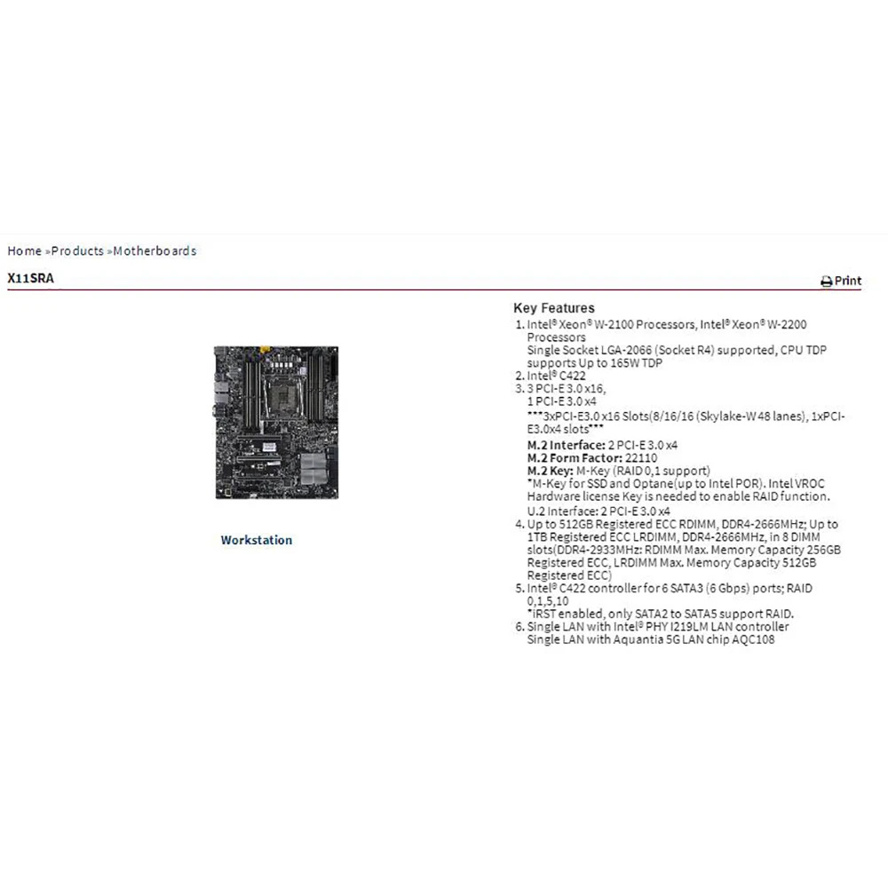 Supermicro 워크스테이션 마더보드X11SRA는 W-2100/2200 LGA2066 C422 칩을 지원