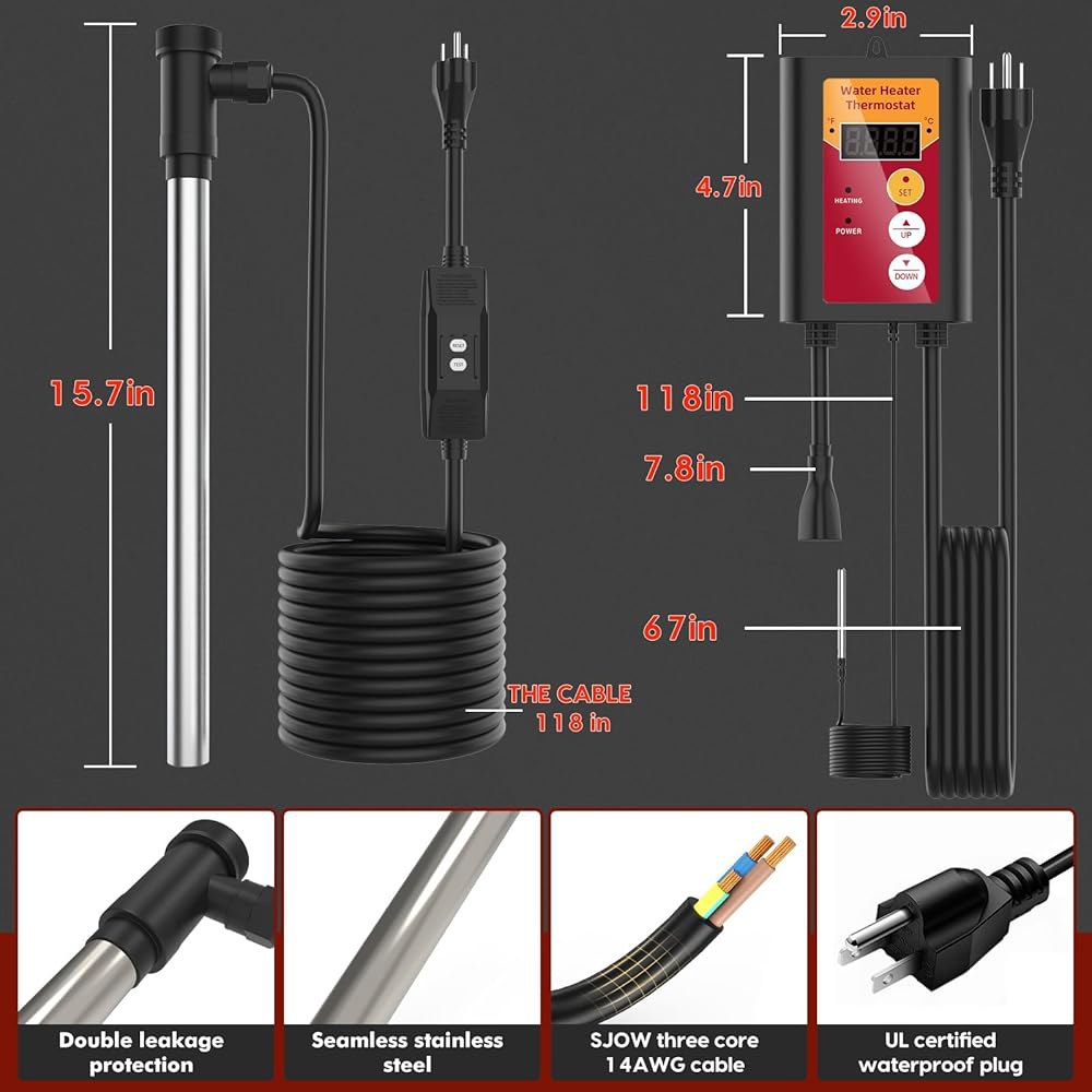 수영장용 1500W 완전 잠수식 온수기, 휴대용 전기 온수 욕조 및 지상 수영장 침지식 온도 조절기, GFCI 플러그, 버킷 탱크 캠핑(OR)용 Stainless Steel Red - 상세 이미지 2