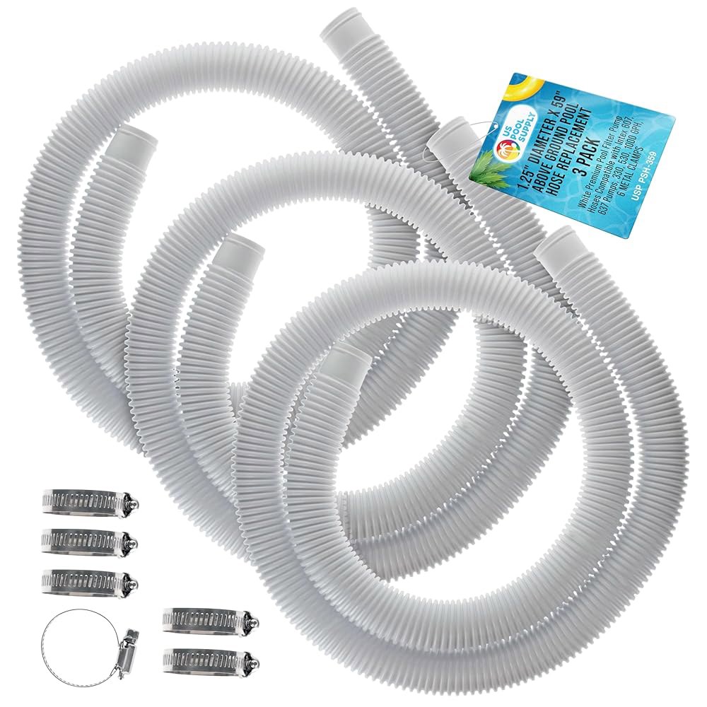 미국 풀 공급 지상 호스 교체 1.25 직경 x 59 길이, 3팩 - Intex 607, 637 펌프, 330, 530, 1000 GPH, 금속 클램프 6개와 호환되는 흰색 프리미 - 상품 이미지