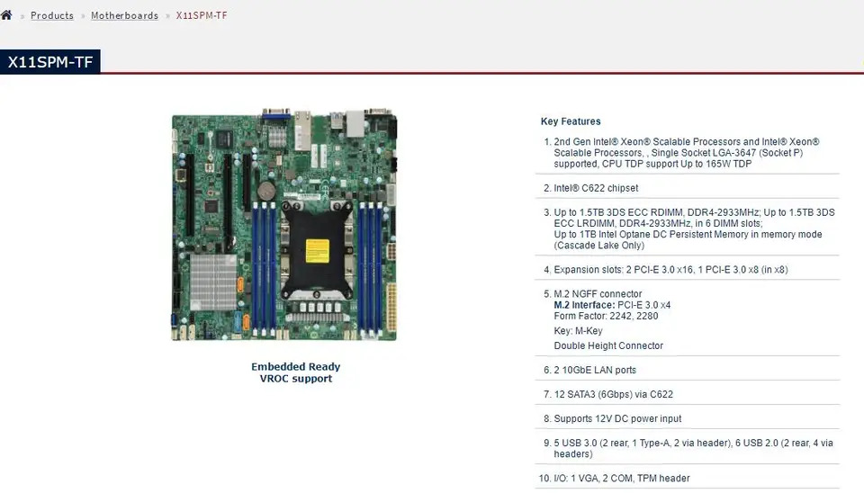 Supermicro Micro 마더보드X11SPM-TF LGA-3647 Xeon 확장 프로세서 DDR4 10GbE LAN 포트 C622 를 통SATA3 6Gbps