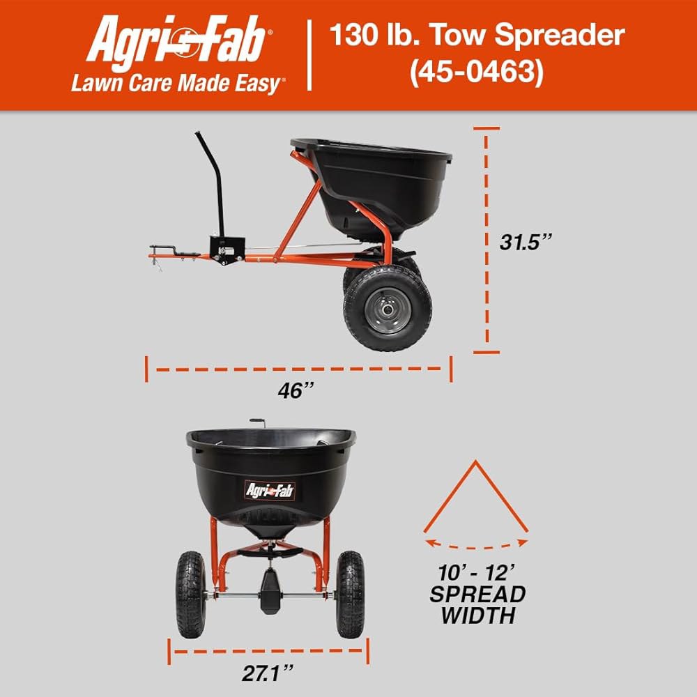 Agri-Fab 45-0463 방송 스프레더 뒤로 당김, 130파운드. 씨앗, 비료, 소금, 얼음 녹기를 위해 설계된 호퍼 용량, 유니버설 히치, 12피트. 잔디 깎는 기계와 트랙 - 상세 이미지 2