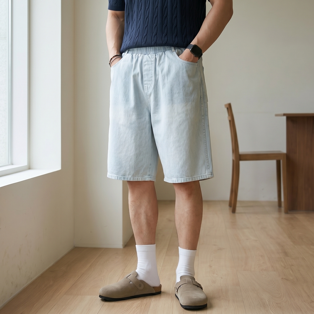 남자 버뮤다팬츠 트랙 라인 밴딩 와이드 데님 반바지 - 상세 이미지 3